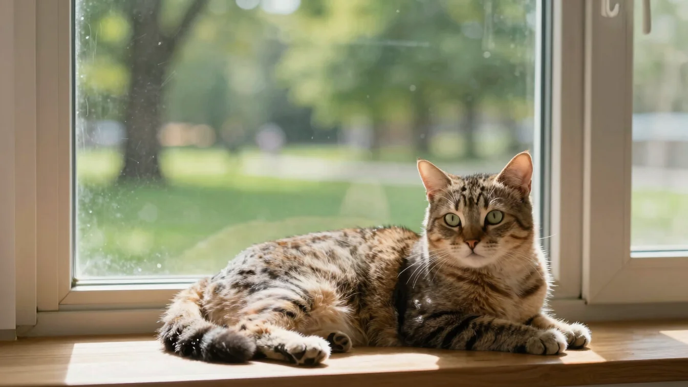 Curious cat relaxing near a sunny window with soft natural light,
