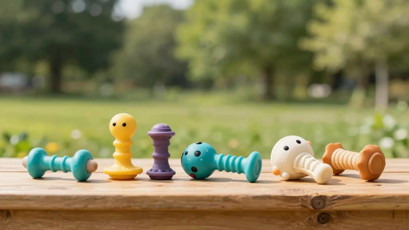 Pet care items and durable chew toys arranged neatly on clean woo