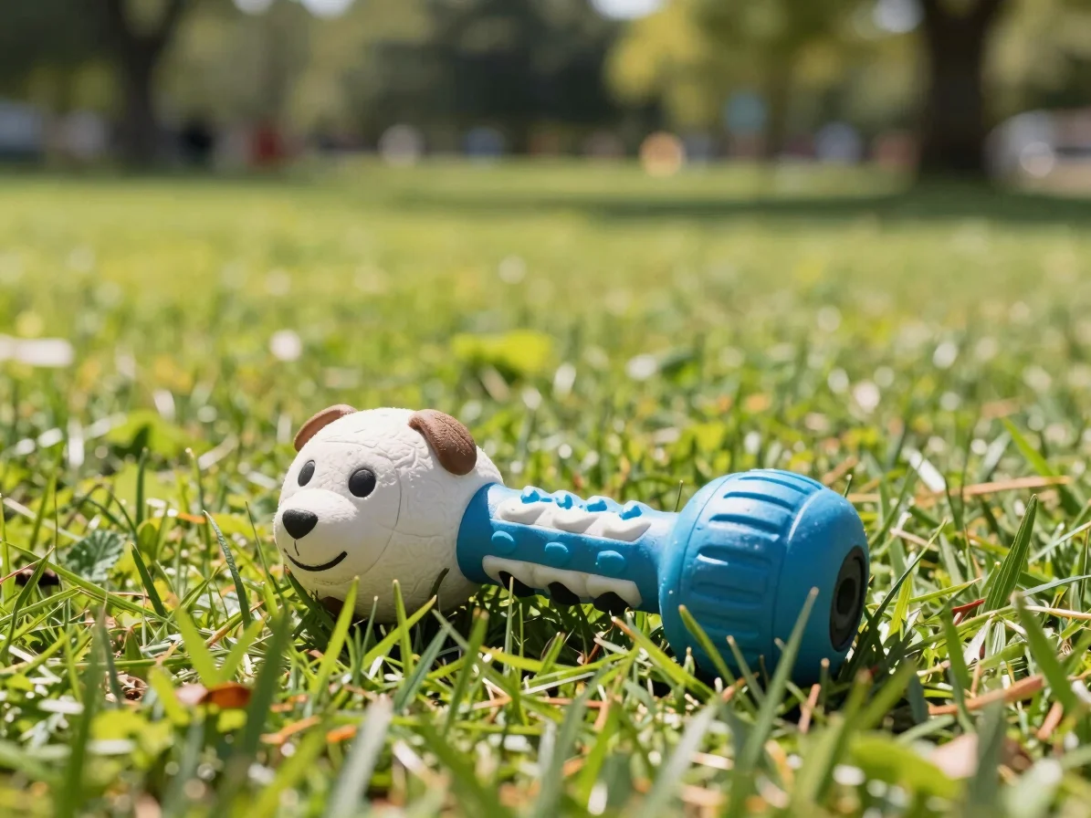 Durable interactive dog toy resting on lush green grass in a sunn