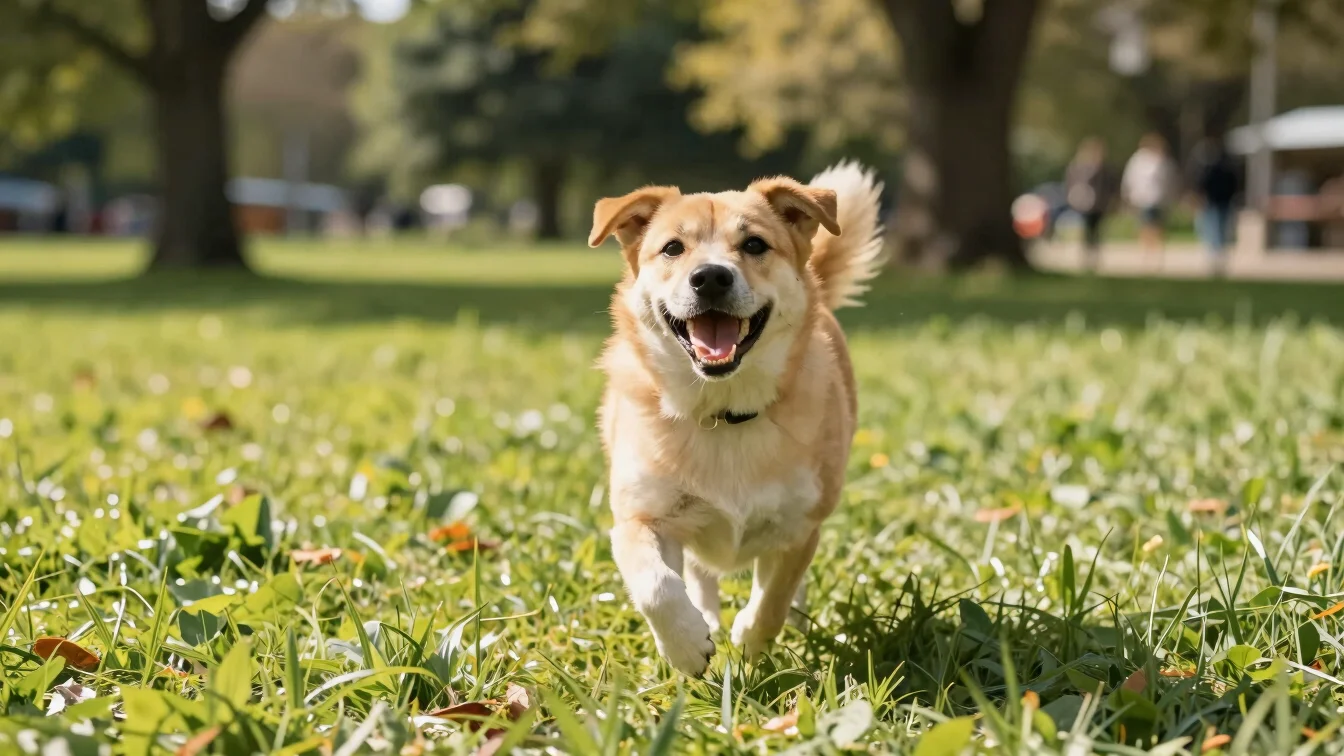 Happy dog playing outdoors in a sunny park with green grass, warm